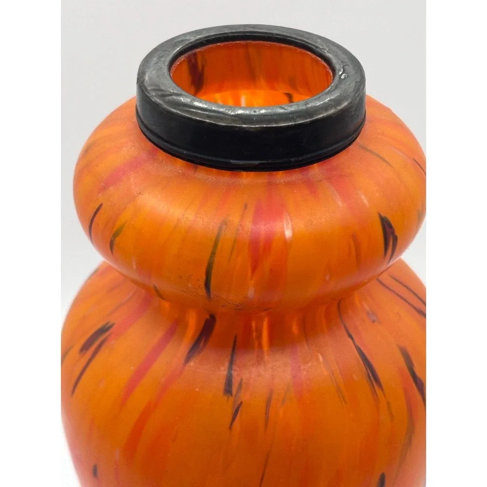 Art Deco Sterling Silver-Mounted Orange Art Glass Bud Vase 7.5